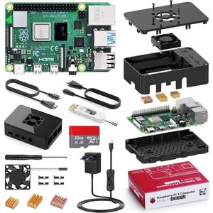 Bqeel Raspberry Pi 4 Model B, 4GB RAM+32GB Class 10 Micro SD-kaart, 5V 3A voeding aan/uit schakelaar, ventilator, koellichaam, zwarte behuizing, kaartlezer, HDMI-kabel