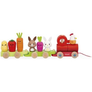 Janod Boerderij - Houten Boerderij Trek-trein - 2-in-1 bouw en trek educatief speelgoed - Ontdek De Dieren Van De Boerderij - Ideaal voor de ontwikkeling van de motoriek van de allerkleinsten - Geschikt Vanaf 1 Jaar
