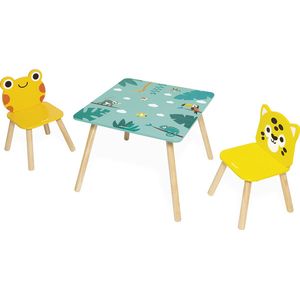 Janod - Tafel en 2 stoelen van tropisch hout – meubels voor kinderen – tafel 55 x 55 cm, stoel kikker en stoel Jaguar – kleur op waterbasis – vanaf 3 jaar, J08273