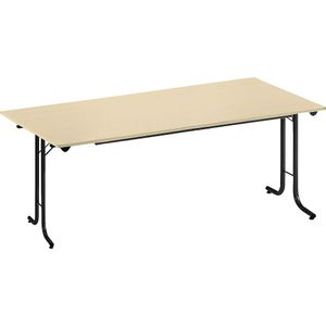 Inklapbare tafel, met afgeronde randen, tafelpoten van staalbuis, bladvorm rechthoekig, 1600 x 700 mm, frame zwart, blad ahornhoutdecor