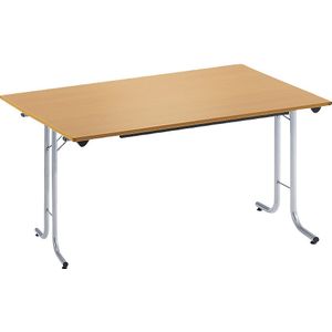 Inklapbare tafel, met afgeronde randen, tafelpoten van staalbuis, bladvorm rechthoekig, 1200 x 700 mm, frame aluminiumkleurig, blad beukenhoutdecor