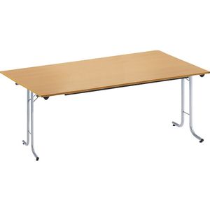 Inklapbare tafel, met afgeronde randen, tafelpoten van staalbuis, bladvorm rechthoekig, 1600 x 800 mm, frame aluminiumkleurig, blad beukenhoutdecor