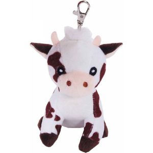 Knuffeldier Koe Sleutelhangers - zachte pluche stof - dieren knuffels - bruin/wit - 12 cm