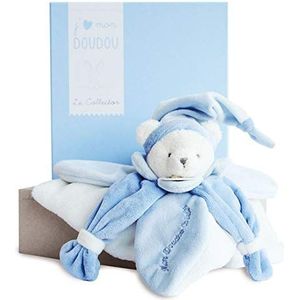 Doudou et Compagnie - Doudou schotel beer verzamelaar - blauw - 24 cm - 3 kleuren om uit te kiezen - beer met nachtmuts - met doos voor cadeau voor geboorte meisjes - verloren knuffelgarantie - DC2921