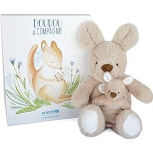 Doudou et Compagnie - Kangaroo pluche dier met baby -25 cm -beige - mooie geschenkdoos - Baby & Me - Unicef - DC3793