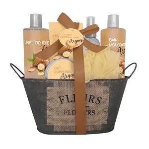 French Tendance - Geschenkset Vintage Badewanne: Duschgel 300 ml – Schaumbad 300 ml – Badesalz 100 g – Duschblume – Körperspray 140 ml – Körpermilch 120 ml – Arganduft