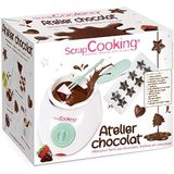 Scrap Cooking - Atelier Chocolade – chocoladefondue-apparaat met accessoires – set met 33 elementen voor het maken van chocolade, avonden pannenkoeken, wafels – met vormen – wit/watergroen – 3902