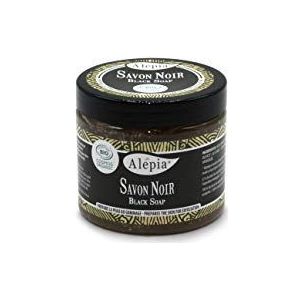 Alepia: Zwarte zeep Premium Bio 200 ml, Cosmos Bio gecertificeerd, verrijkt met vitamine E, geschikt voor alle huidtypes, hydrateert, verzorgt en verwijdert grondig dode huid en verontreinigingen