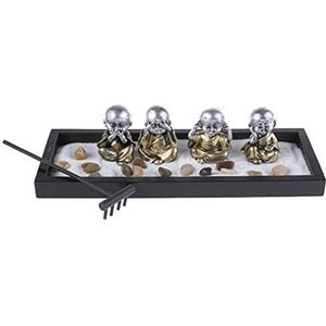 lachineuse - Japanse Zen-tuin met 4 bonzen – decoratie Zen – miniatuurtuin met zand – voor binnen, huis, kantoor, cadeau-idee Japan – decoratie Azië
