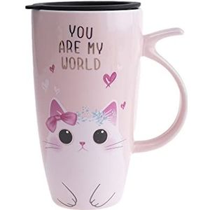 lachineuse - Kawaii schattige kattenmok 300 ml - grote XXL roze porseleinen mok - Japanse thee- en koffiemok - met geïsoleerd deksel - Lucky Cat - cadeau-idee Japan Azië mok - Reuzenmok