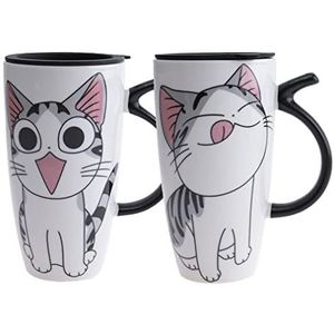 lachineuse - Set van 2 Kawaii Gourmand kattenbekers 600 ml - Grote XXL witte mokken van porselein - Japanse thee en koffie mokken - met geïsoleerd deksel - Lucky Cat - Cadeau-idee Japan Azië mok -
