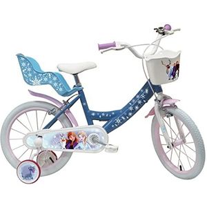A.T.L.A.S. Kinderfiets, 40,6 cm, meisjes, ijskoningin, met 2 remmen, mand voor, poppenhouder achter, spatborden en stabilisatoren.
