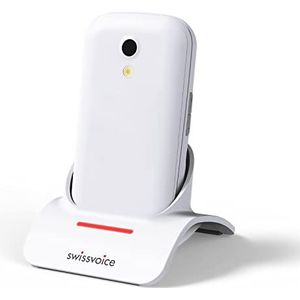 swissvoice S24, 2G mobiele telefoon met klep voor senioren met grote toetsen, compatibel met hoorhulpmiddelen, SOS-knop en waarschuwingsinformatie voor gezinshulpverleners, wit