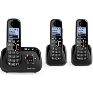 Amplicomms BigTel 1583 Trio, draadloze DECT-telefoon met grote knoppen, antwoordapparaat, drie handsets, audio-boost, luide beltonen; compatibel met gehoorapparaten