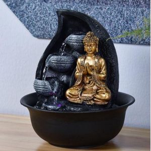 Praya Boeddha Fontein - Afneembare Boeddha Binnenfontein - Exotische Zen Decoratie - Geschenken - Tafelfontein LED-licht - Gesloten Circuit - Bruin en Goud - H 26 cm Zen'Light