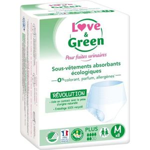 Love & Green Ondergoed voor volwassenen, absorberend, hypoallergeen en milieuvriendelijk, maat M, 8 stuks