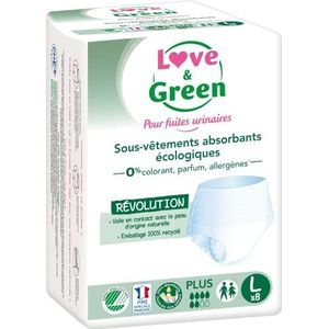 Love & Green Ondergoed voor volwassenen, absorberend, hypoallergeen en milieuvriendelijk, maat L, 8 stuks