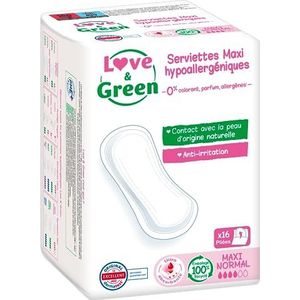Love & Green Maandverband, milieuvriendelijk en hypoallergeen - Ecolabel en Dermatest gecertificeerd - ""MAXI NORMAL"" x 16: vrij van kleurstoffen, parfum, allergenen