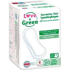 Love & Green Maandverband, milieuvriendelijk en hypoallergeen - Ecolabel en Dermatest gecertificeerd - ""MAXI SUPER"" x 14: vrij van kleurstoffen, parfum, allergenen