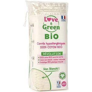 Love & Green Hypoallergene vierkante wattenschijfjes – verschonen en babytoilet/make-up remover – ongebleekt en 100% biologisch x60 – gemaakt in Frankrijk