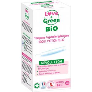 Love & Green Ecologische tampons van 100% biologisch katoen, normaal met applicator x 16 tampons, GOTS-gecertificeerd door Ecocert