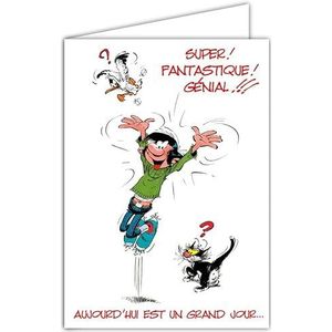 AFIE GLMX-2020 Gaston Lagaffe Maxi grote kaart, Happy Birthday, 1 jaar ouder, Bravo, mousserende wijn, champagne, kat, feestdag, groepscadeau, volwassenen, ondertekenen, A4-formaat, groot,