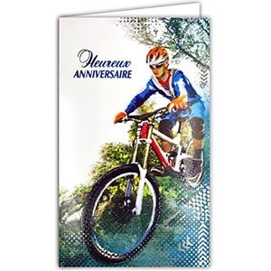 Afie 15-6477 ARGUS Gelukkig VERJAARDAG Blauw Glanzend voor Jongen Man Sportief die graag crossfietsen, mountainbike, natuurwandeling, geïllustreerde kaart, glanzend papier, zilver, met witte envelop,