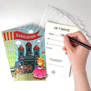 Set van 5 kaarten ""Uitnodiging"", prinses, ridder, met 5 witte enveloppen, 9 x 14 cm, tekst Ik nodig je uit voor... de (datum) op (tijd) adres – feest, snack, verjaardag, vrienden, vriendinnen – IV5033