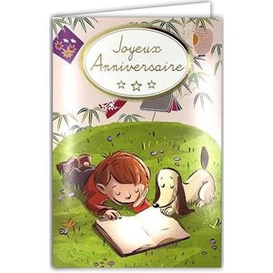 AFIE Gelukkige Verjaardag Kaart Gouden Glanzende Voor Kleine Jongen Jonge Lezer Hond Illustratie Kind Open Boek Bamboe Lantaarns met Witte Omslag 12x17,5cm 67-1050-A