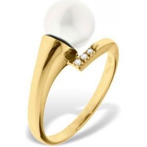 375/1000 geelgouden ring met witte zoetwaterparels en diamanten