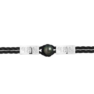 Zwarte neopreen tribal-armband voor heren en dames met zwarte Tahitiaanse parel van 10 mm gezet in sterlingzilver (925) met Egyptische hiÃ«rogliefen