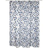 MSV Douchegordijn met ringen - wit/blauw - mozaiek print - Polyester - 180 x 200 cm - wasbaar - Voor bad en douche
