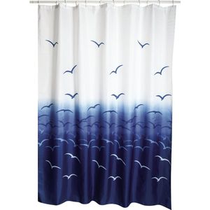 MSV Douchegordijn met ringen - wit/blauw - vogels print - Polyester - 180 x 200 cm - wasbaar