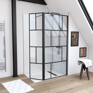 Aurlane douchewand + draailuik 90x195cm + 40cm - matzwarte aluminium structuur - 5mm dik glas - met steunarm - BLOCKS 90R