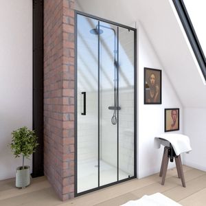 Douchedeur met draaideur type atelier - 90x200cm - matzwart profiel - Glas 6mm en zwart gezeefdrukte verticale lijnen