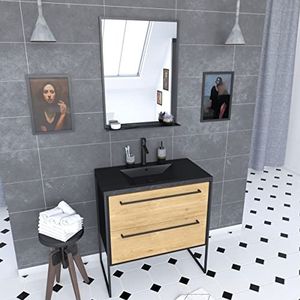 AURLANE Badkamermeubel, 80 x 50 cm, matzwart, 2 laden, kunsthars, zwart, steenlook + spiegel