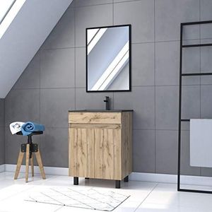 Aurlane badkamermeubel 60x80cm - 2 deuren naturel eiken afwerking + zwarte wastafel + spiegel - TIMBER 600