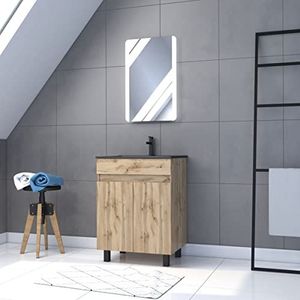 Badkamerkast met 2 deuren, wastafels, spiegel, LED, 60 cm x 80 cm, eiken natuur
