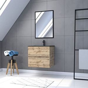 Badkamerkast met lade/wastafel/spiegel, zwart, 60 x 80 cm, eiken natuur