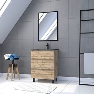Badkamerset met lade/wastafel, keramiek/spiegel, zwart, 60 cm × 80 cm, eiken natuur