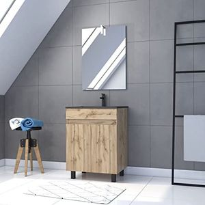 AURLANE Badkamerkast, 60 x 80 cm, eiken-afwerking, zwarte wastafel + led-spiegel, timer 60 – pak 19