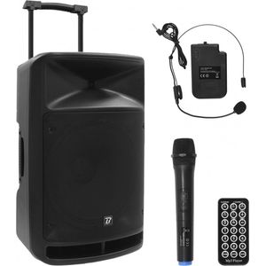Draagbare vrijstaande luidspreker met 2 draadloze microfoons BoomTone DJ TravelSound15-VHF. Karaoke luidspreker 800 W FM-tuner. Bluetooth-ontvanger. SD-kaartlezer, USB-stick en IR-afstandsbediening.