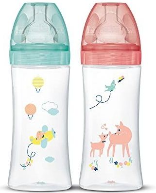 Dodie anti-koliek Sensation+ 2 flesjes (2 x 330 ml) – platte fopspeen, debiet 3, BPA-vrij – + 6 maanden – circusgeel