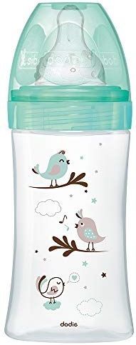 Dodie - Anti-koliek Initiatie fles + glas, vogelgroen, 270 ml, 0-6 maanden, ronde speen, debiet 2