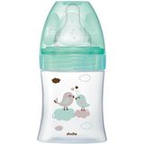 Dodie - Anti-koliek Initiatie fles + glas, vogelgroen, 150 ml, 0-6 maanden, ronde speen, debiet 1