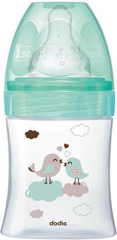 Dodie - Anti-koliek Initiatie fles + glas, vogelgroen, 150 ml, 0-6 maanden, ronde speen, debiet 1