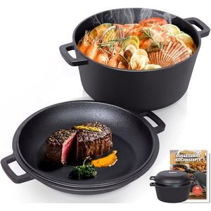 Todeco 2-in-1 Gietijzeren kookpan met pandeksel, 5 l, Dual Function gietijzeren pan met recept voor keuken, voorgekruid, voor keuken, camping, barbecue, braden of stoven