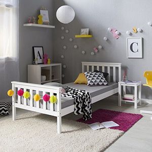 Homestyle4u 1416 houten bed grenen massief, eenpersoonsbed van bedframe met lattenbodem, 90x200 cm, wit