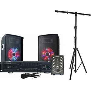 Geluidsset met 2 luidsprekers, 10 inch (250 cm), 2 x 250 W + mengpaneel USB/BT + versterker + microfoon.