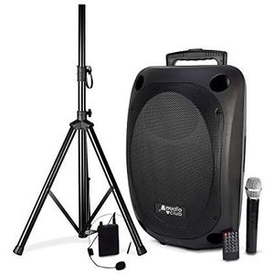 Draagbare Pro luidspreker, 350/700 W, Audio Club MOOV12, USB BT Line FM, accu, 2 UHF-microfoons + standaard